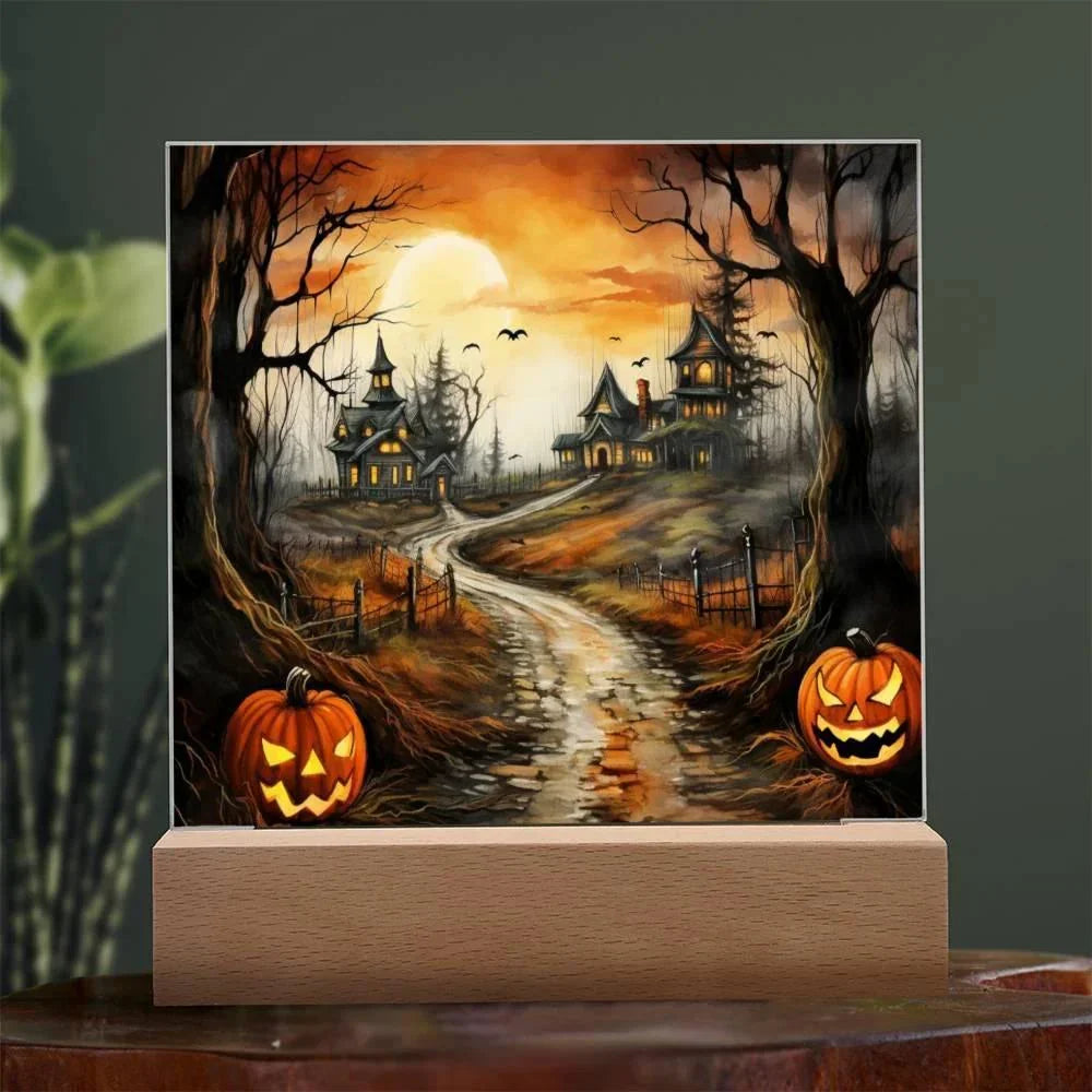 Twilight Terrace: Eerie Mansion Halloween Acrylic Plaque