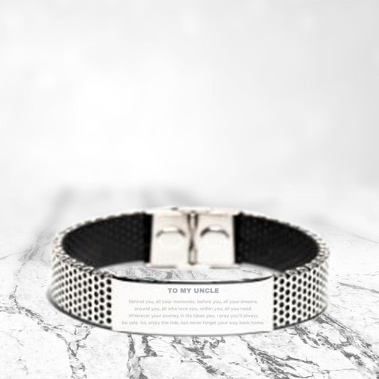Uncle Gifts, Inspirational Stainless Steel Shark Mesh Engraved Bracelet, Birthday Christmas - Behind you, all your memories, before you, all your dreams, around you, all who love you, within you, all you need - Mallard Moon Gift Shop
