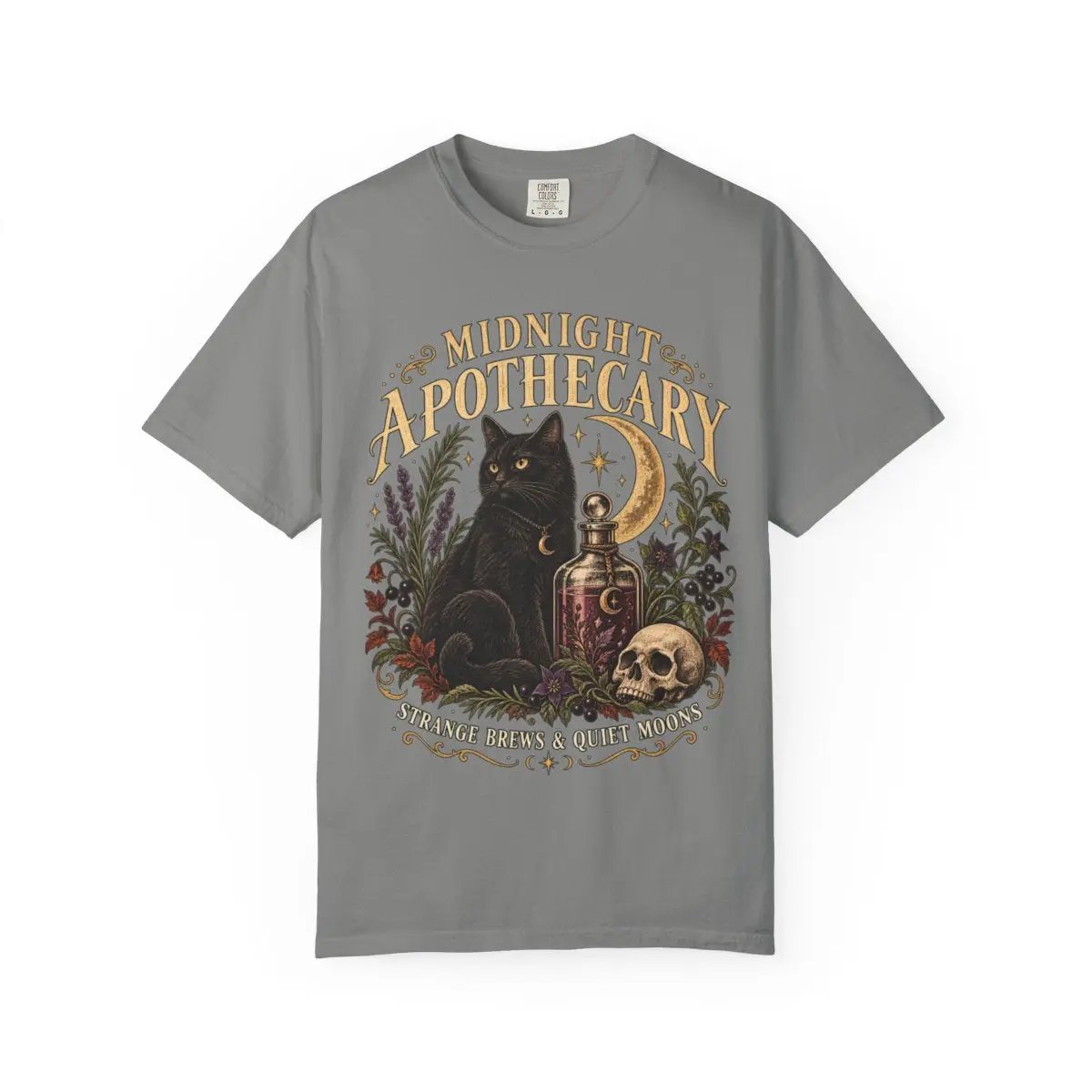 Midnight Apothecary Vintage Halloween Shirt, Black Cat Witchy Tee, Gothic Unisex Comfort Colors 1717 T-Shirt