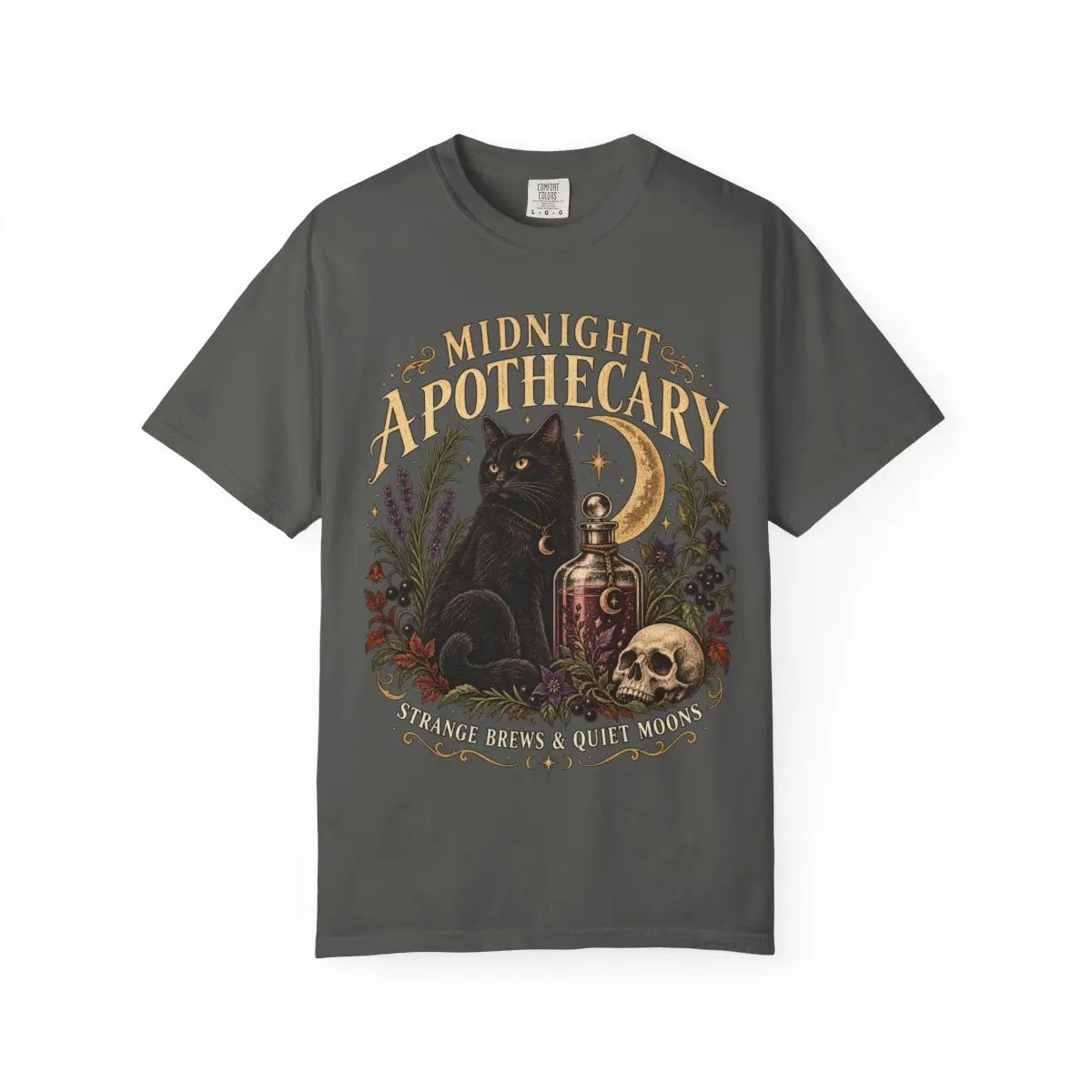 Midnight Apothecary Vintage Halloween Shirt, Black Cat Witchy Tee, Gothic Unisex Comfort Colors 1717 T-Shirt