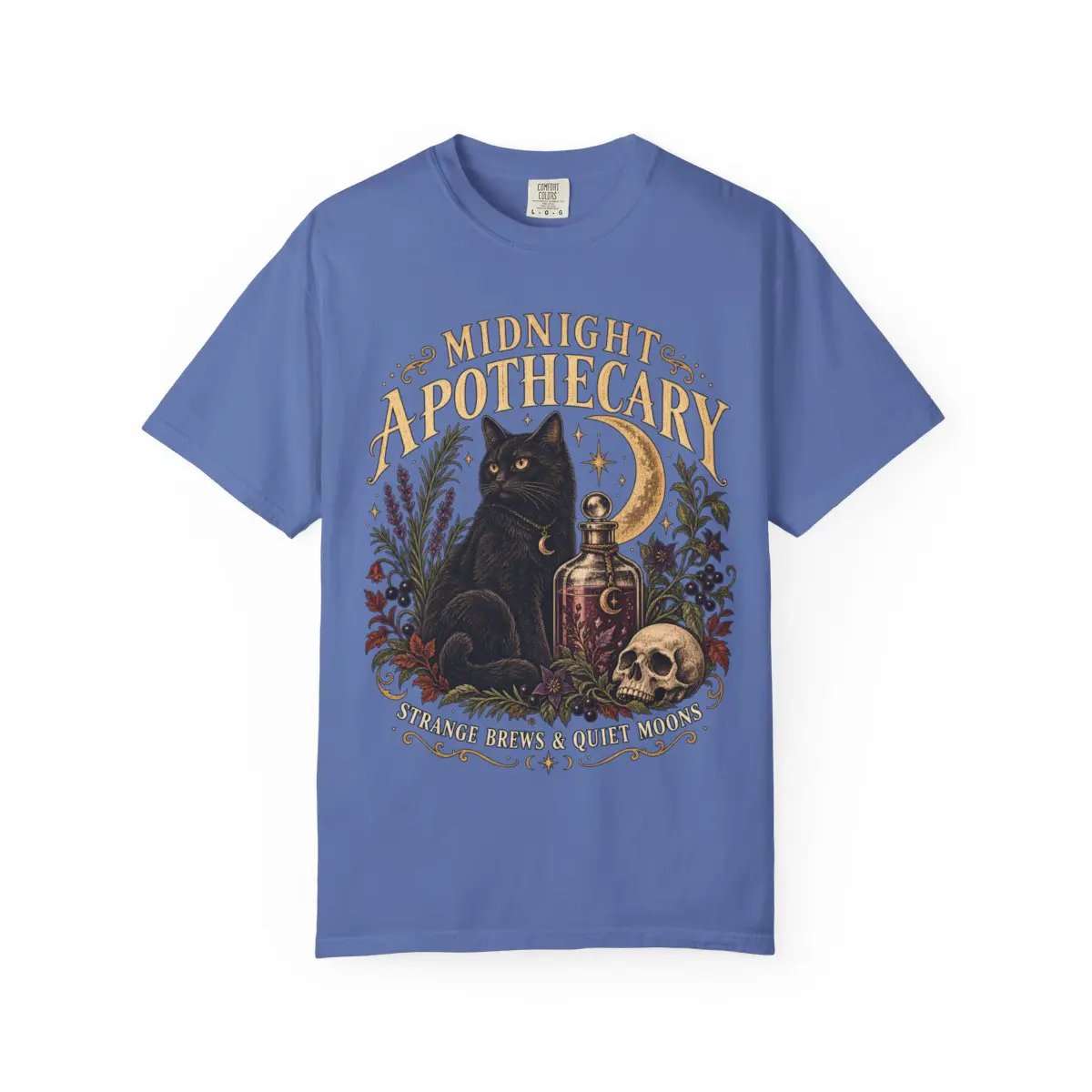 Midnight Apothecary Vintage Halloween Shirt, Black Cat Witchy Tee, Gothic Unisex Comfort Colors 1717 T-Shirt