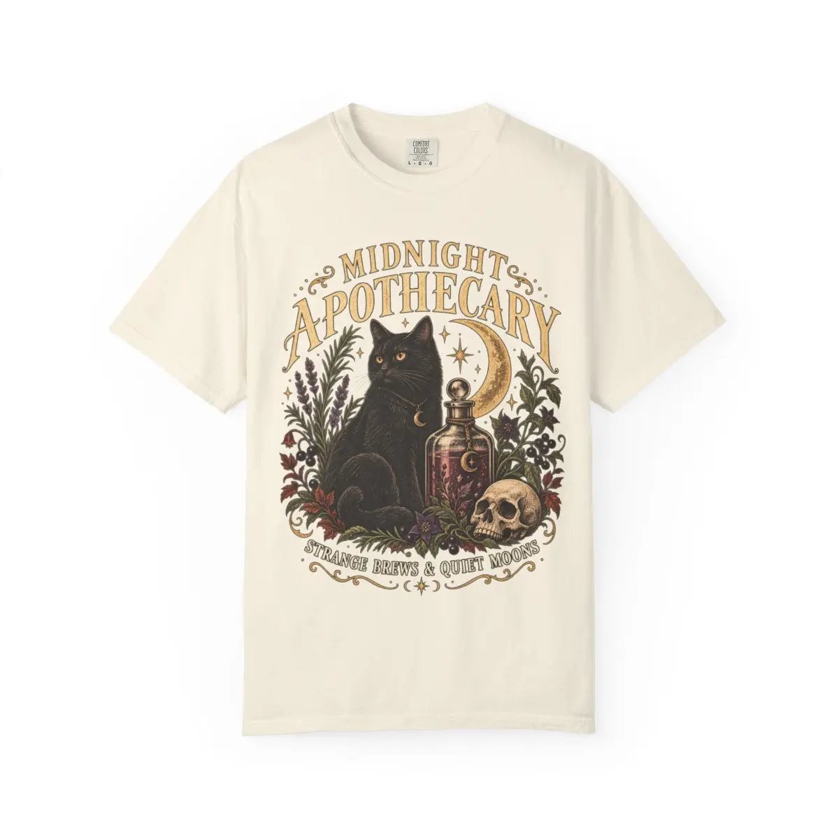 Midnight Apothecary Vintage Halloween Shirt, Black Cat Witchy Tee, Gothic Unisex Comfort Colors 1717 T-Shirt