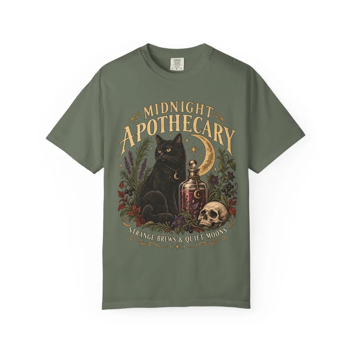 Midnight Apothecary Vintage Halloween Shirt, Black Cat Witchy Tee, Gothic Unisex Comfort Colors 1717 T-Shirt