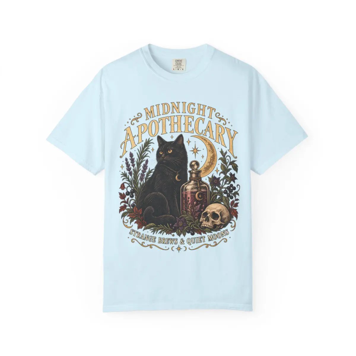 Midnight Apothecary Vintage Halloween Shirt, Black Cat Witchy Tee, Gothic Unisex Comfort Colors 1717 T-Shirt
