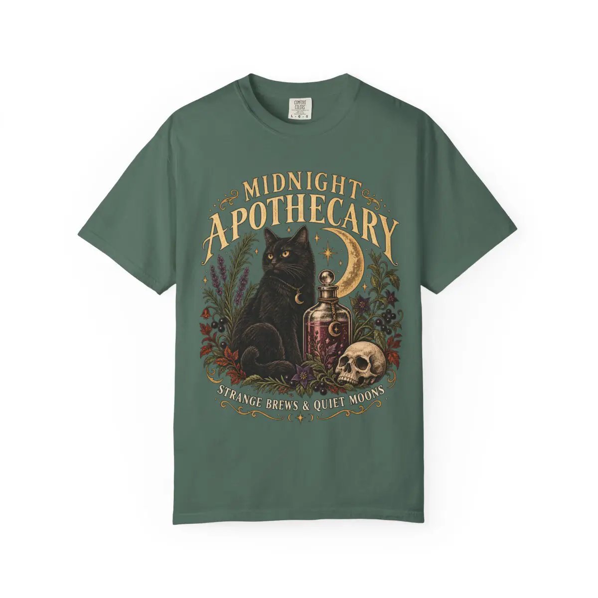 Midnight Apothecary Vintage Halloween Shirt, Black Cat Witchy Tee, Gothic Unisex Comfort Colors 1717 T-Shirt