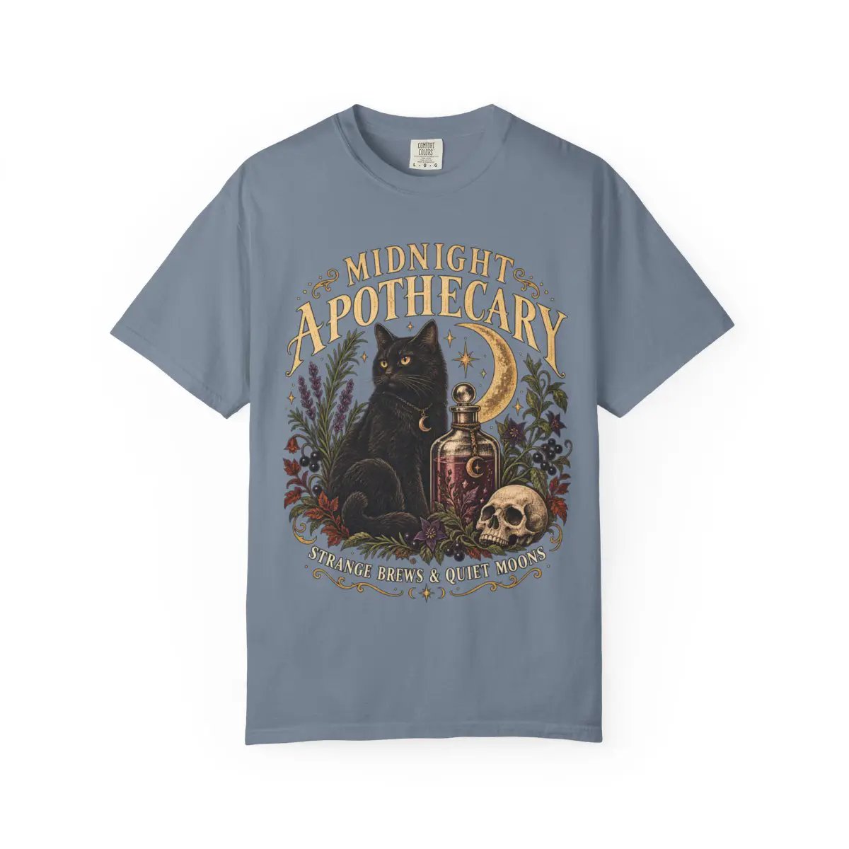 Midnight Apothecary Vintage Halloween Shirt, Black Cat Witchy Tee, Gothic Unisex Comfort Colors 1717 T-Shirt