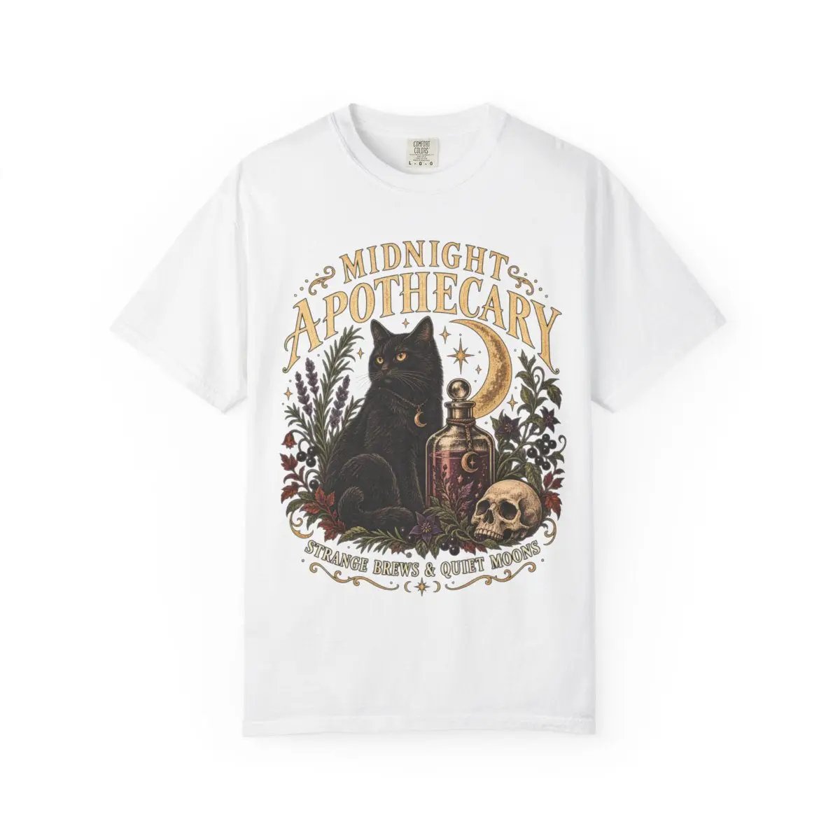 Midnight Apothecary Vintage Halloween Shirt, Black Cat Witchy Tee, Gothic Unisex Comfort Colors 1717 T-Shirt