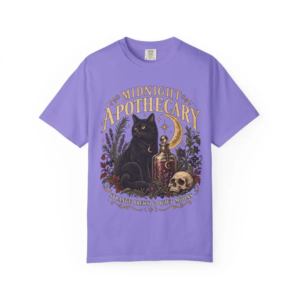 Midnight Apothecary Vintage Halloween Shirt, Black Cat Witchy Tee, Gothic Unisex Comfort Colors 1717 T-Shirt