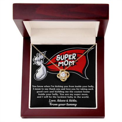 uper Mom To Be Kisses and Kicks from your Tummy - Love Knot NecklaceTo My Super Mom To Be Kisses and Kicks from your Tummy - Love Knot Necklace - Mallard Moon Gift Shop