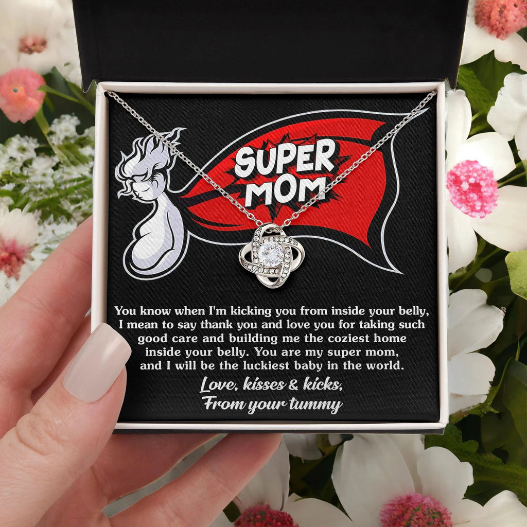 To My Super Mom-To-Be Kisses and Kicks from your Tummy - Love Knot Necklace