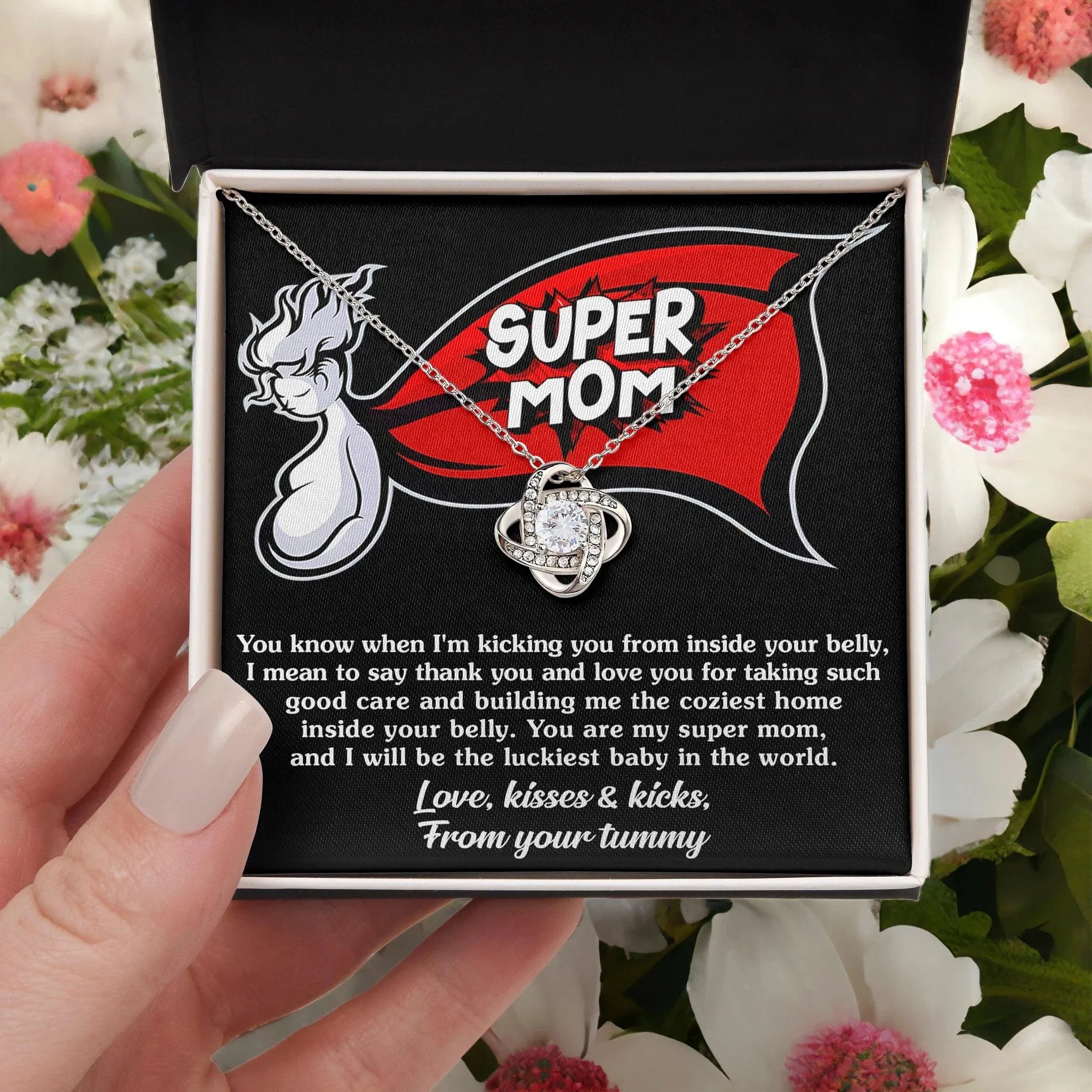 To My Super Mom-To-Be Kisses and Kicks from your Tummy - Love Knot Necklace