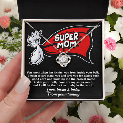 uper Mom To Be Kisses and Kicks from your Tummy - Love Knot NecklaceTo My Super Mom To Be Kisses and Kicks from your Tummy - Love Knot Necklace - Mallard Moon Gift Shop