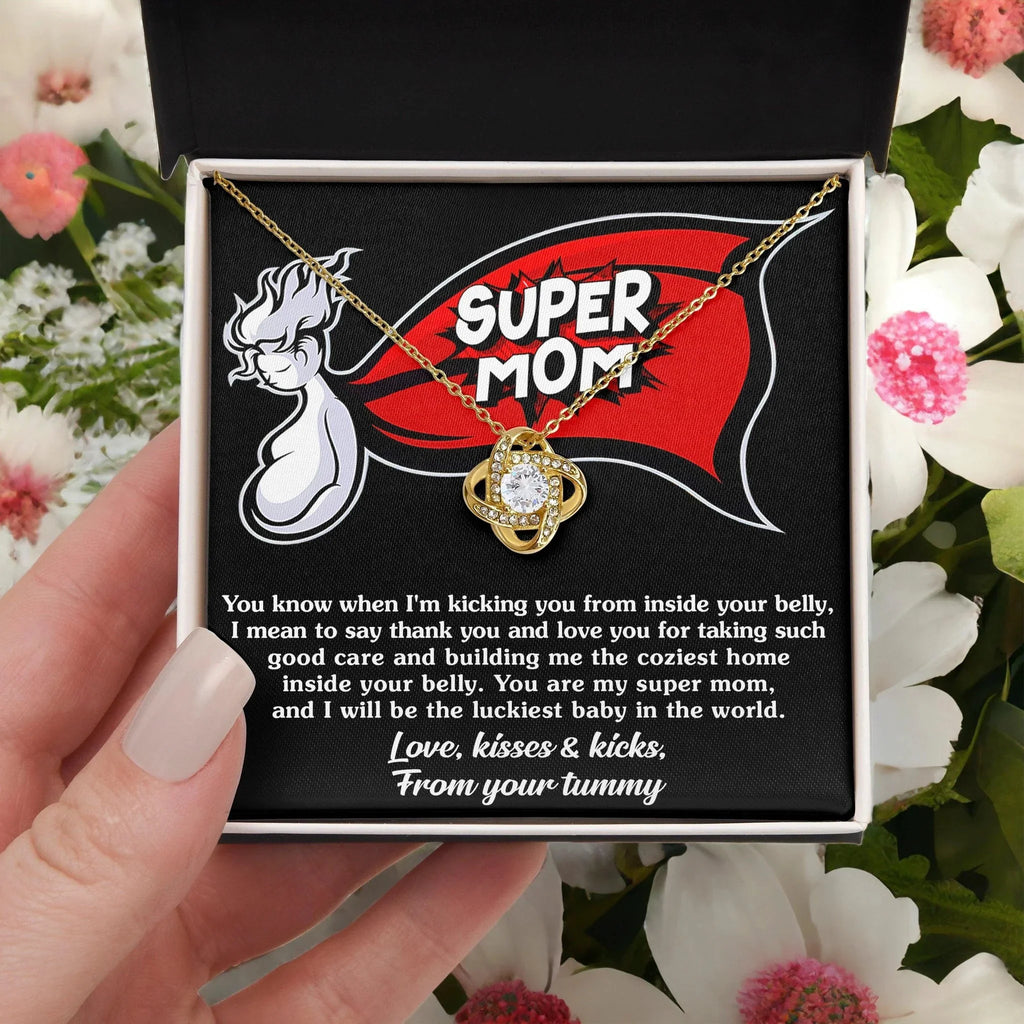 To My Super Mom-To-Be Kisses and Kicks from your Tummy - Love Knot Necklace