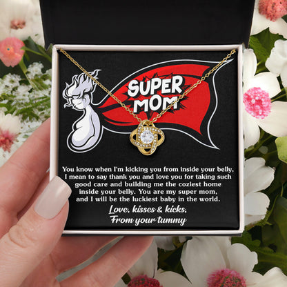 uper Mom To Be Kisses and Kicks from your Tummy - Love Knot NecklaceTo My Super Mom To Be Kisses and Kicks from your Tummy - Love Knot Necklace - Mallard Moon Gift Shop