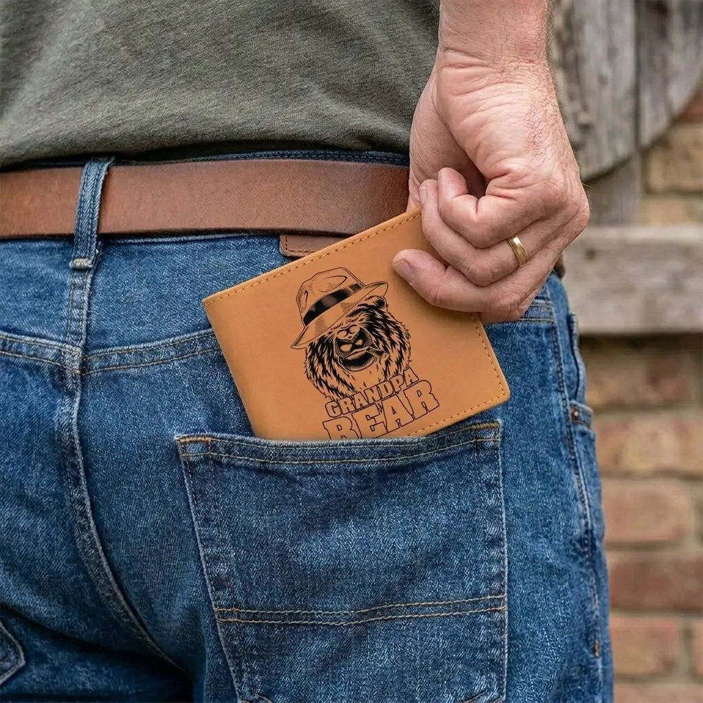 Grandpa Bear Leather Wallet Gift for Grandpa, Genuine Cowhide Bifold Wallet, Grandpa Bear Wallet, Father's Day Gift for Grandfather