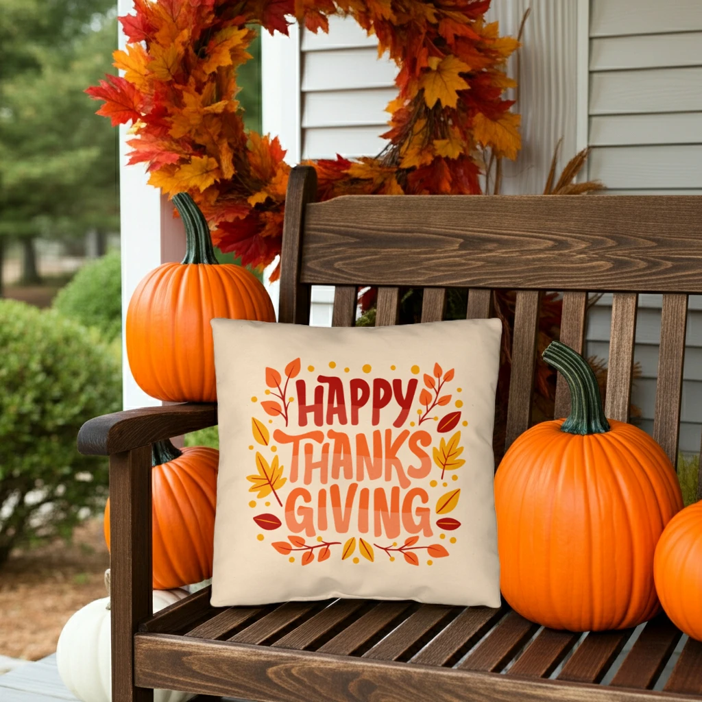 Happy Thanksgiving Throw Pillow – Indoor/Outdoor Fall Accent Cushion – Available in 3 Sizes