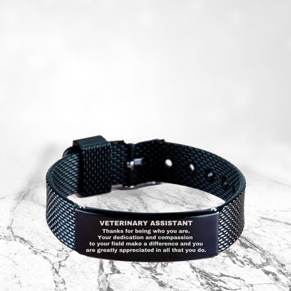 Veterinary Assistant Black Shark Mesh Stainless Steel Engraved Bracelet - Thanks for being who you are - Birthday Christmas Jewelry Gifts Coworkers Colleague Boss - Mallard Moon Gift Shop