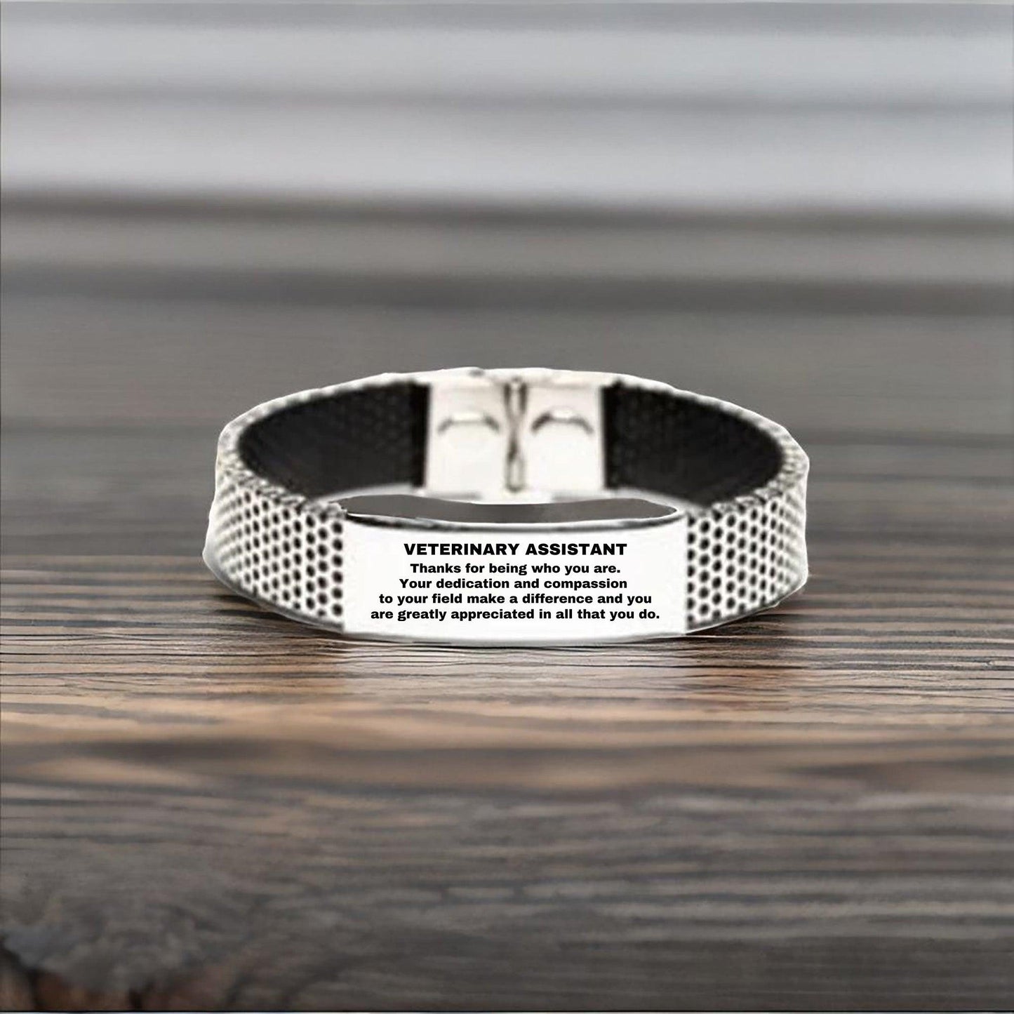 Veterinary Assistant Silver Shark Mesh Stainless Steel Engraved Bracelet - Thanks for being who you are - Birthday Christmas Jewelry Gifts Coworkers Colleague Boss - Mallard Moon Gift Shop