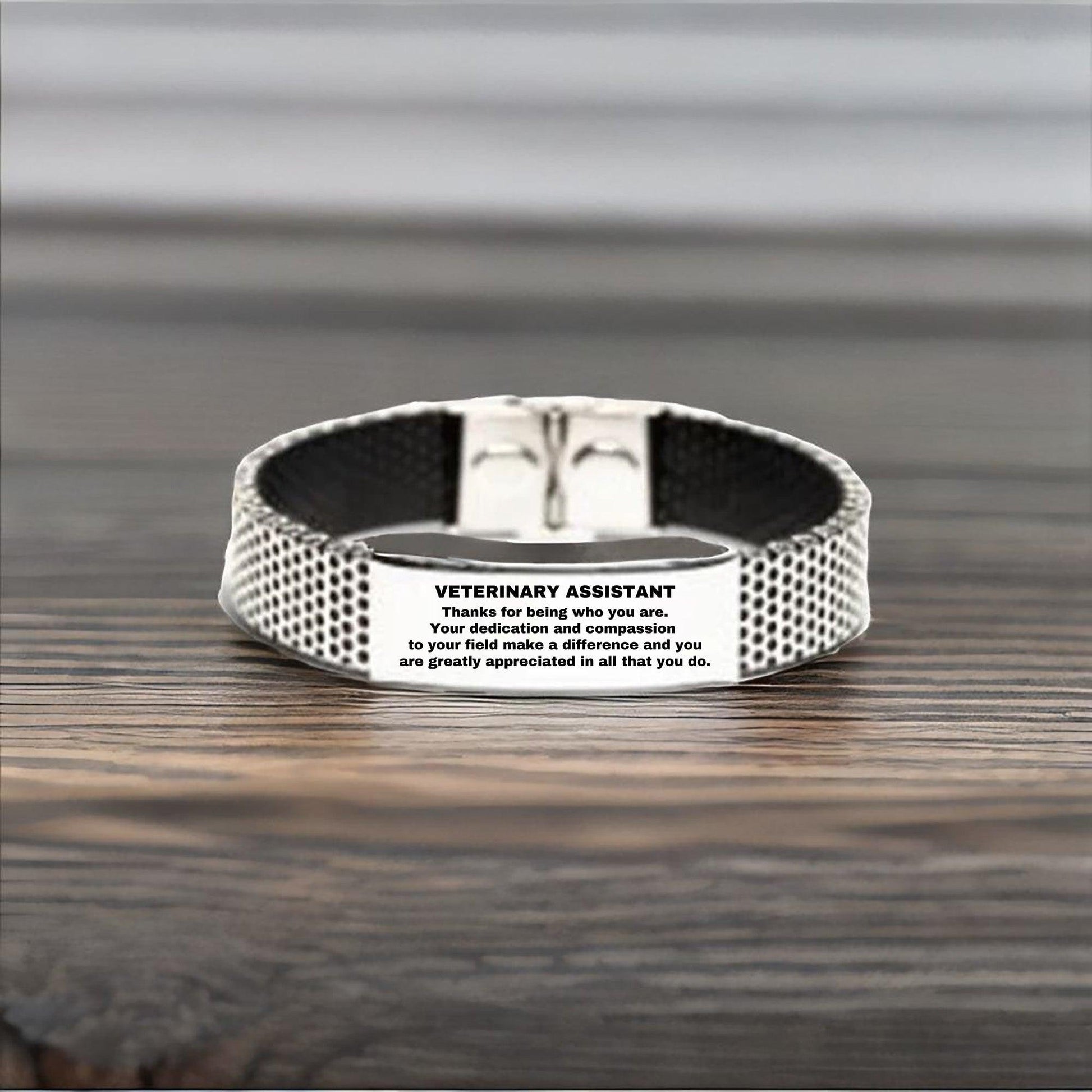 Veterinary Assistant Silver Shark Mesh Stainless Steel Engraved Bracelet - Thanks for being who you are - Birthday Christmas Jewelry Gifts Coworkers Colleague Boss - Mallard Moon Gift Shop