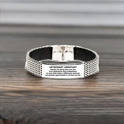 Veterinary Assistant Silver Shark Mesh Stainless Steel Engraved Bracelet - Thanks for being who you are - Birthday Christmas Jewelry Gifts Coworkers Colleague Boss - Mallard Moon Gift Shop