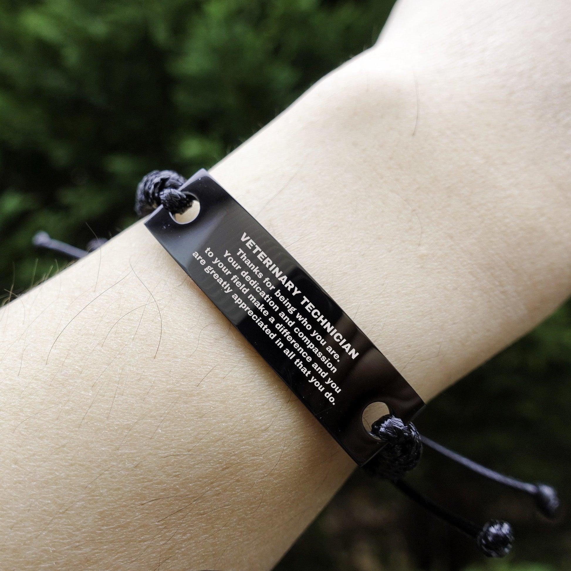 Veterinary Technician Black Braided Leather Rope Engraved Bracelet - Thanks for being who you are - Birthday Christmas Jewelry Gifts Coworkers Colleague Boss - Mallard Moon Gift Shop