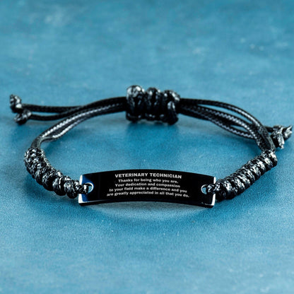 Veterinary Technician Black Braided Leather Rope Engraved Bracelet - Thanks for being who you are - Birthday Christmas Jewelry Gifts Coworkers Colleague Boss - Mallard Moon Gift Shop