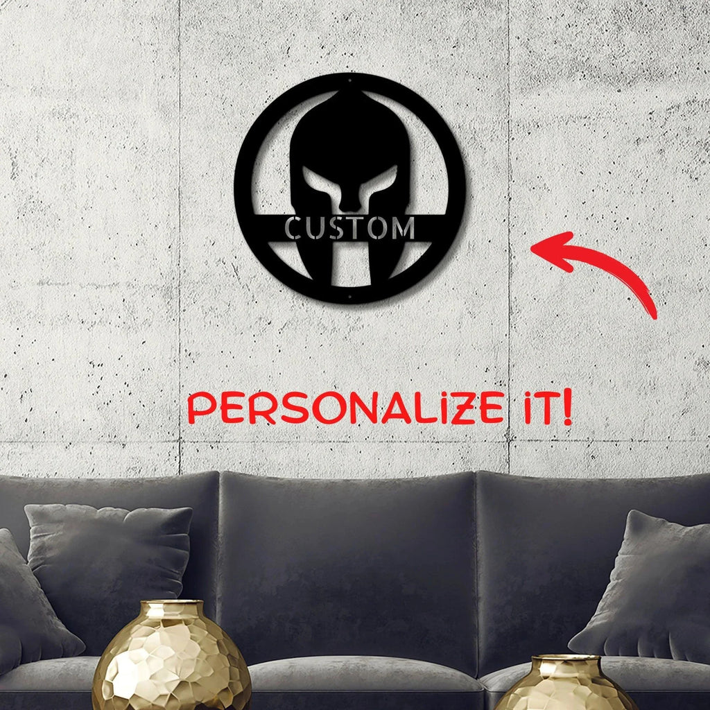 Custom Spartan Helmet Metal Wall Art – Warrior’s Wall Personalized Steel Decor – 5 Sizes & Finishes – Made in the USA