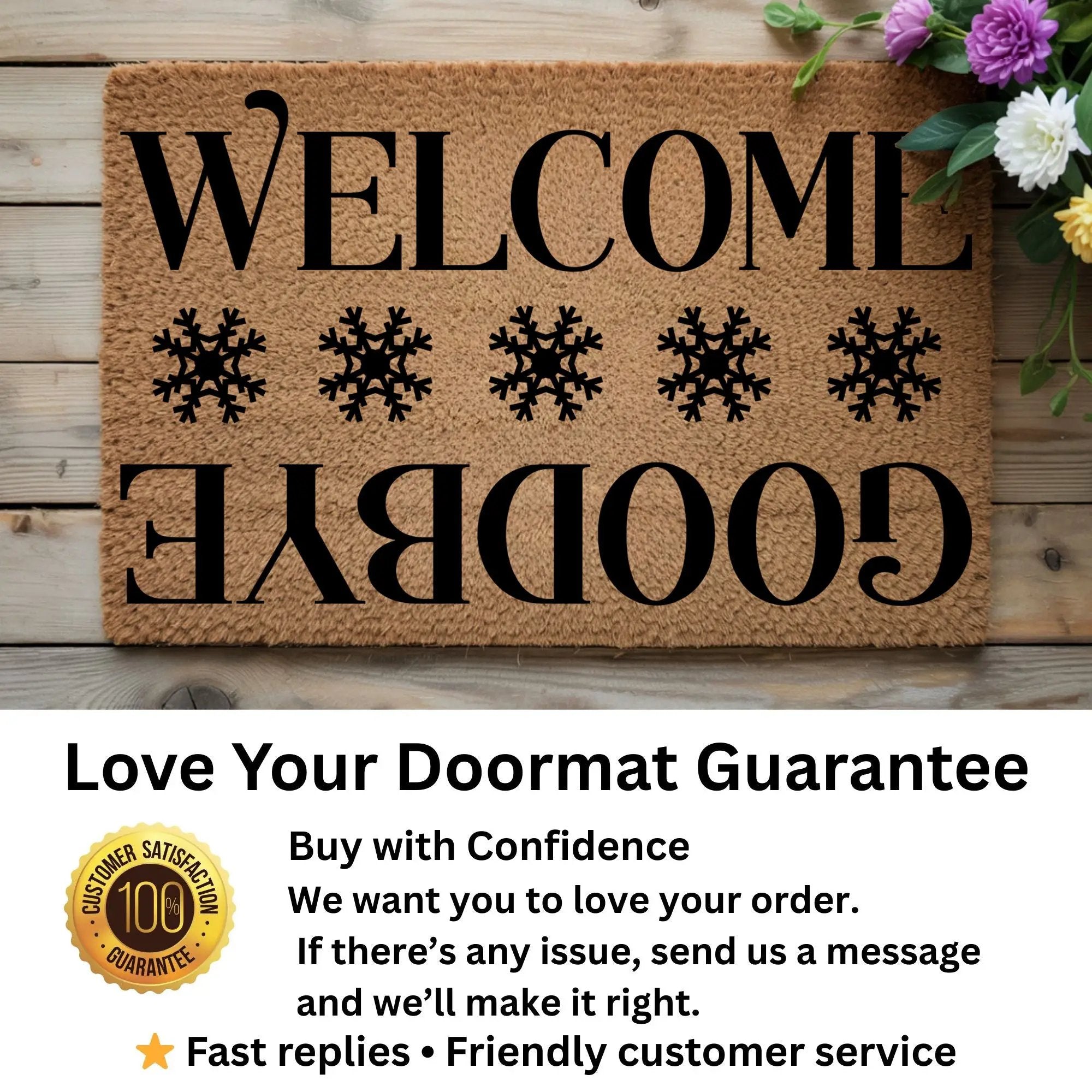 Welcome / Goodbye Snowflake Doormat | Double-Sided Winter Coir Welcome Mat | Funny Holiday Front Porch Décor