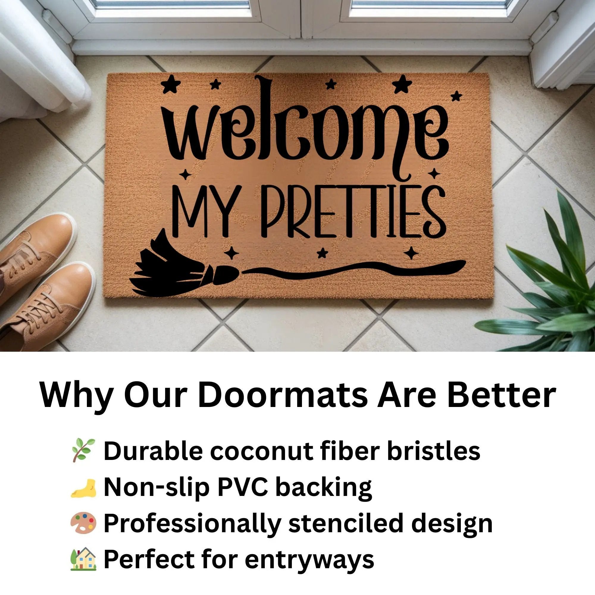Welcome My Pretties Coir Doormat – Witchy Halloween Welcome Mat | Funny Front Porch Decor | Rustic Fall Entryway Rug