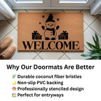 Snowman “Welcome” Doormat | Festive Coir Christmas Welcome Mat with Gifts and Snowflakes | Holiday Front Porch Décor