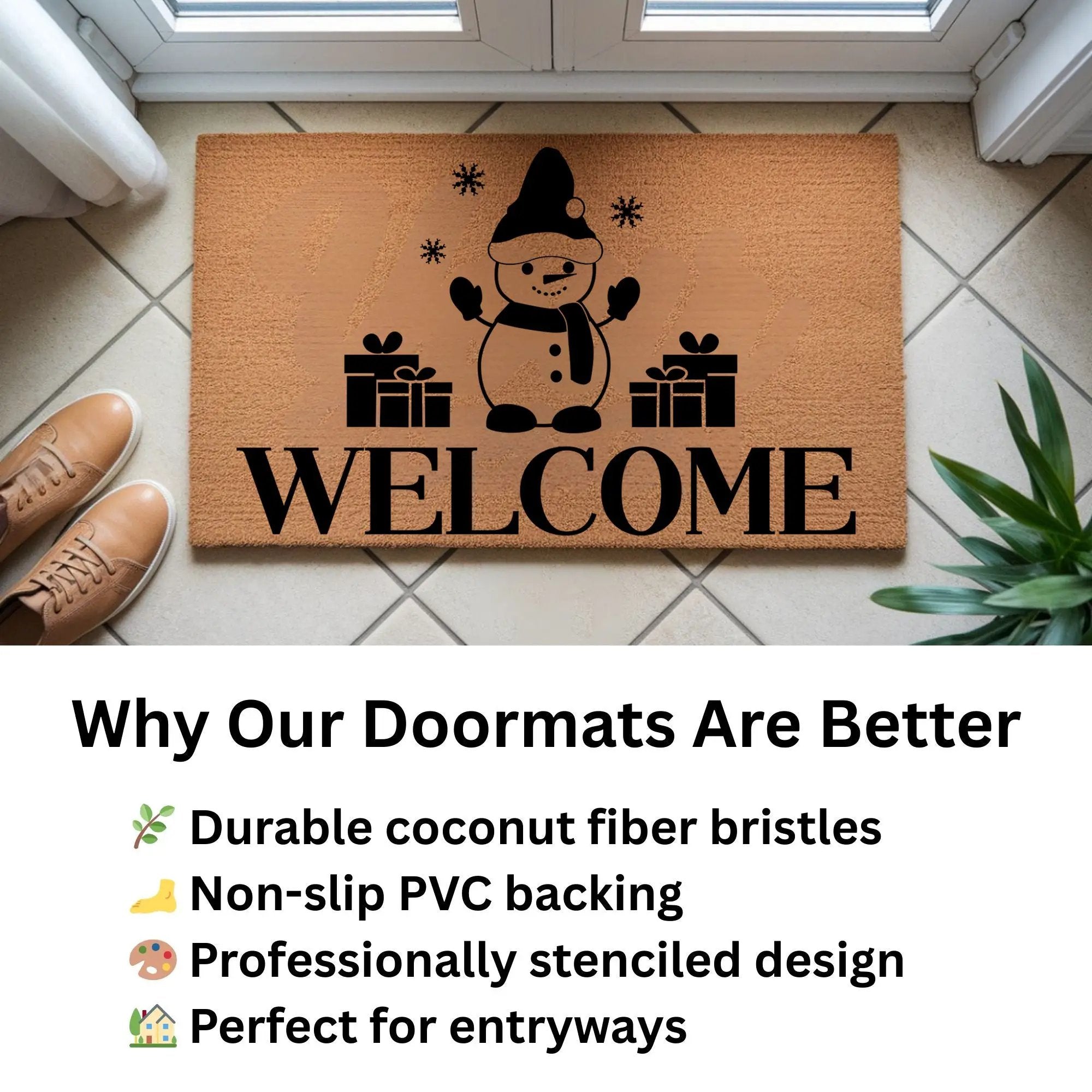 Snowman “Welcome” Doormat | Festive Coir Christmas Welcome Mat with Gifts and Snowflakes | Holiday Front Porch Décor
