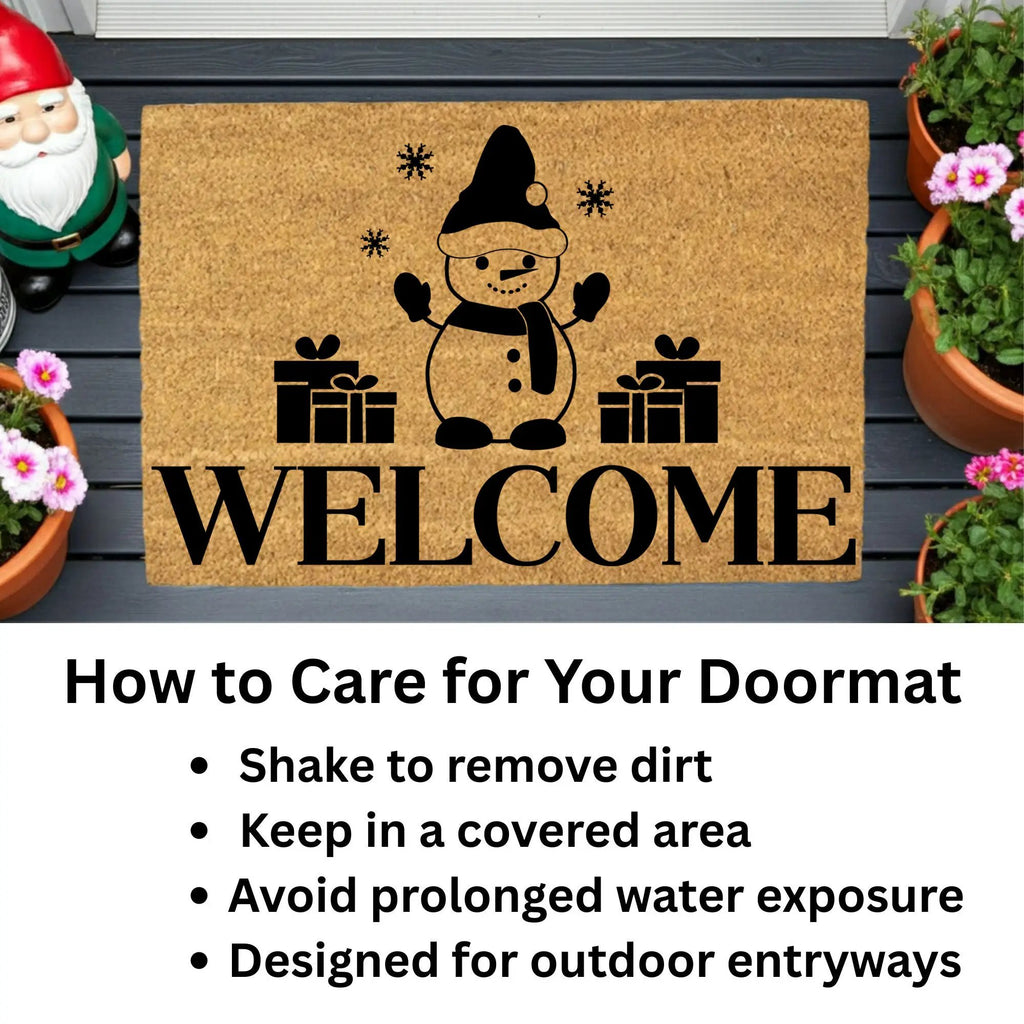 Snowman “Welcome” Doormat | Festive Coir Christmas Welcome Mat with Gifts and Snowflakes | Holiday Front Porch Décor