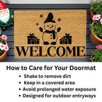Snowman “Welcome” Doormat | Festive Coir Christmas Welcome Mat with Gifts and Snowflakes | Holiday Front Porch Décor