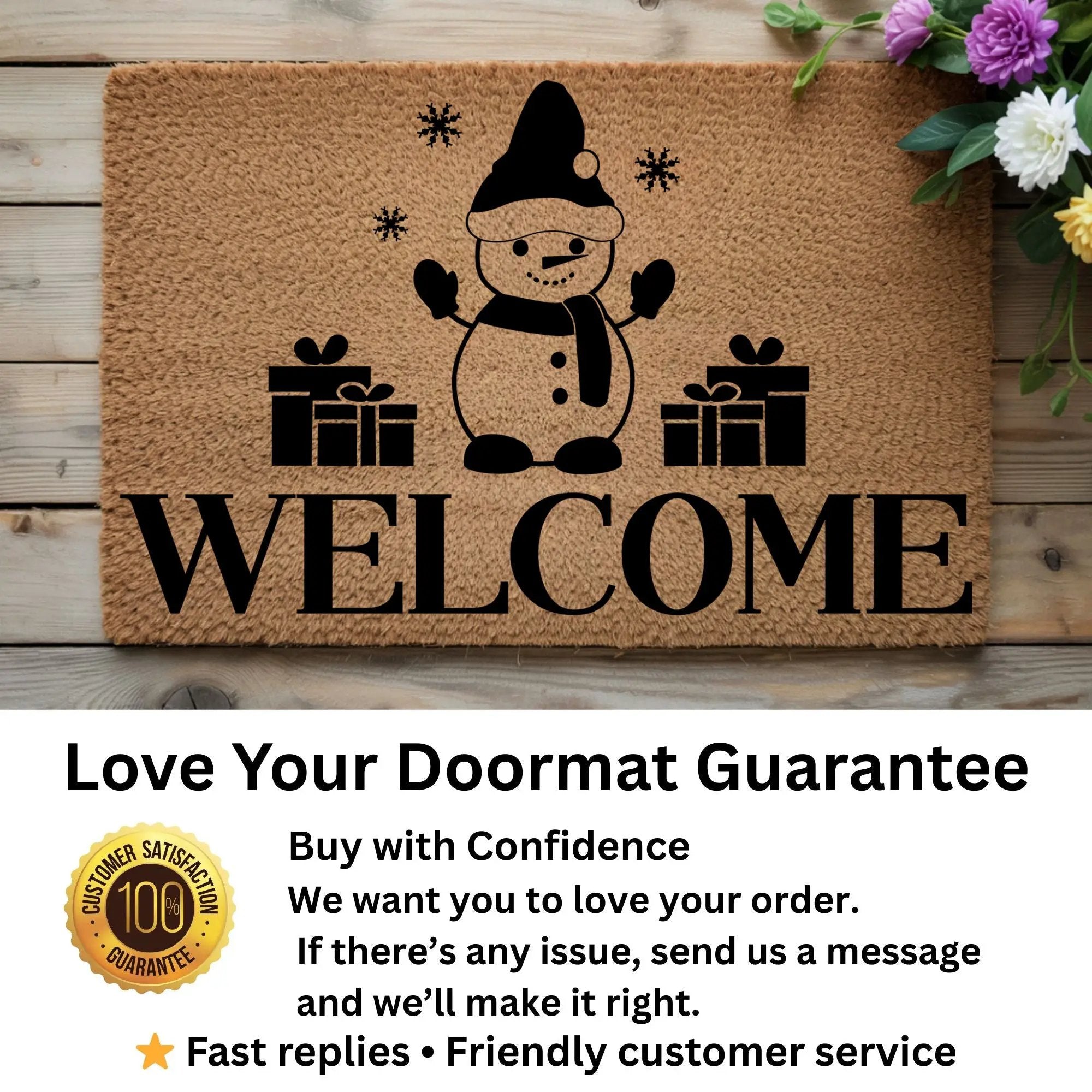 Snowman “Welcome” Doormat | Festive Coir Christmas Welcome Mat with Gifts and Snowflakes | Holiday Front Porch Décor