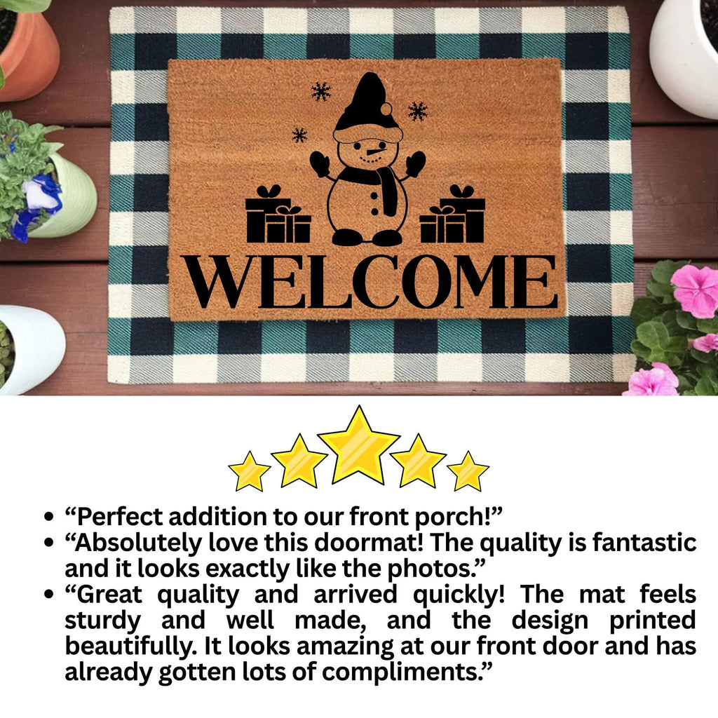 Snowman “Welcome” Doormat | Festive Coir Christmas Welcome Mat with Gifts and Snowflakes | Holiday Front Porch Décor
