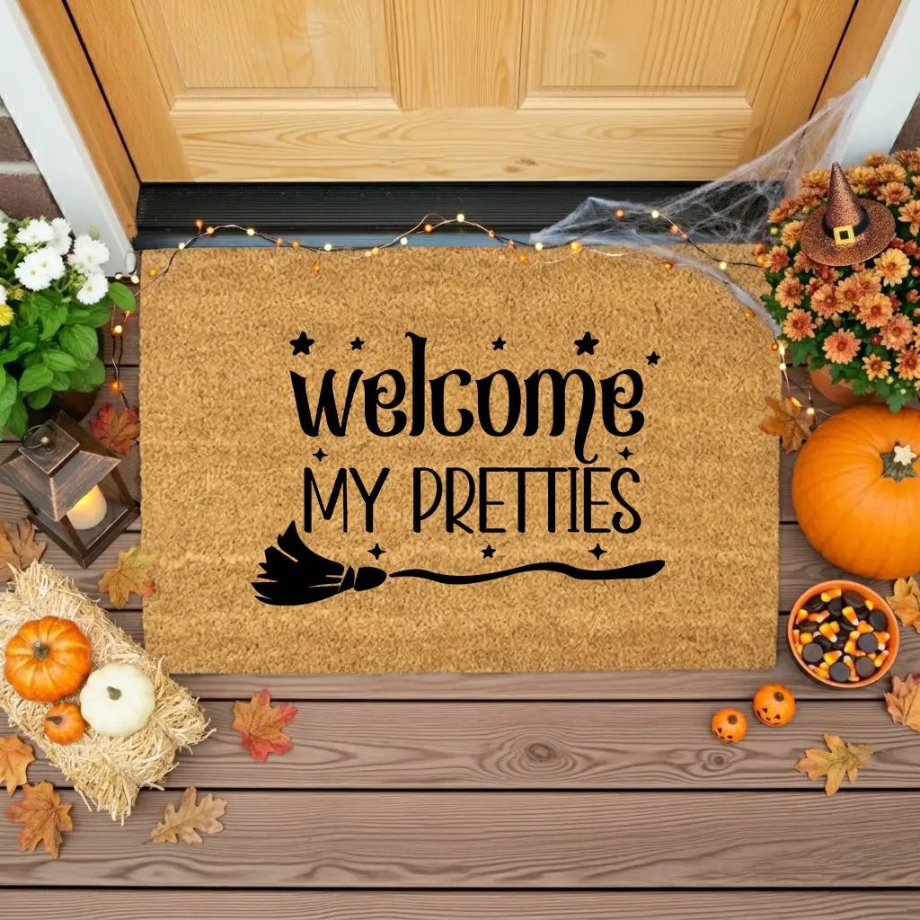 Welcome My Pretties Coir Doormat – Witchy Halloween Welcome Mat | Funny Front Porch Decor | Rustic Fall Entryway Rug