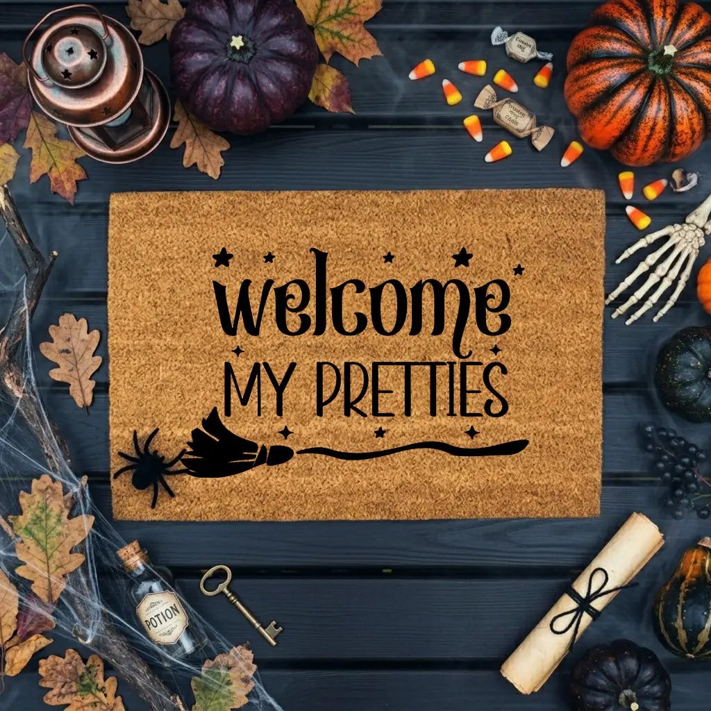 Welcome My Pretties Coir Doormat – Witchy Halloween Welcome Mat | Funny Front Porch Decor | Rustic Fall Entryway Rug