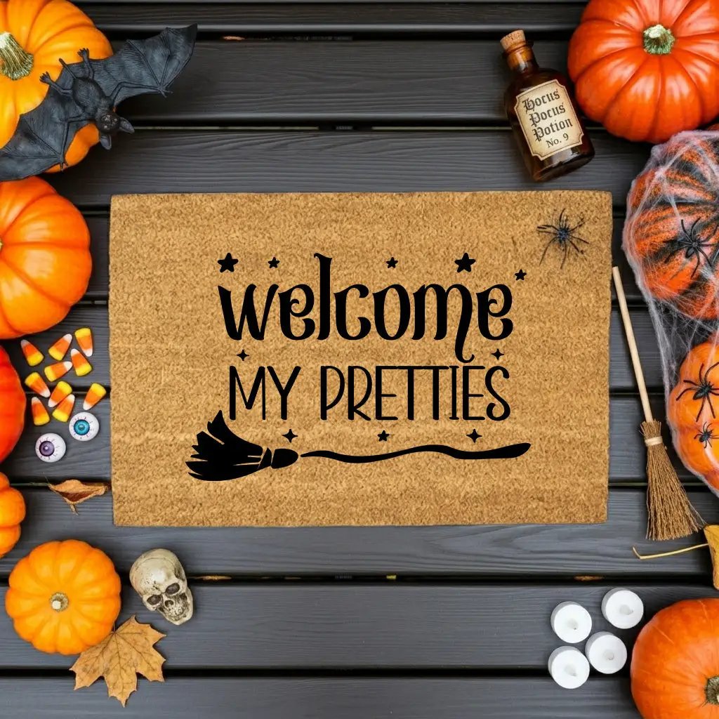 Welcome My Pretties Coir Doormat – Witchy Halloween Welcome Mat | Funny Front Porch Decor | Rustic Fall Entryway Rug