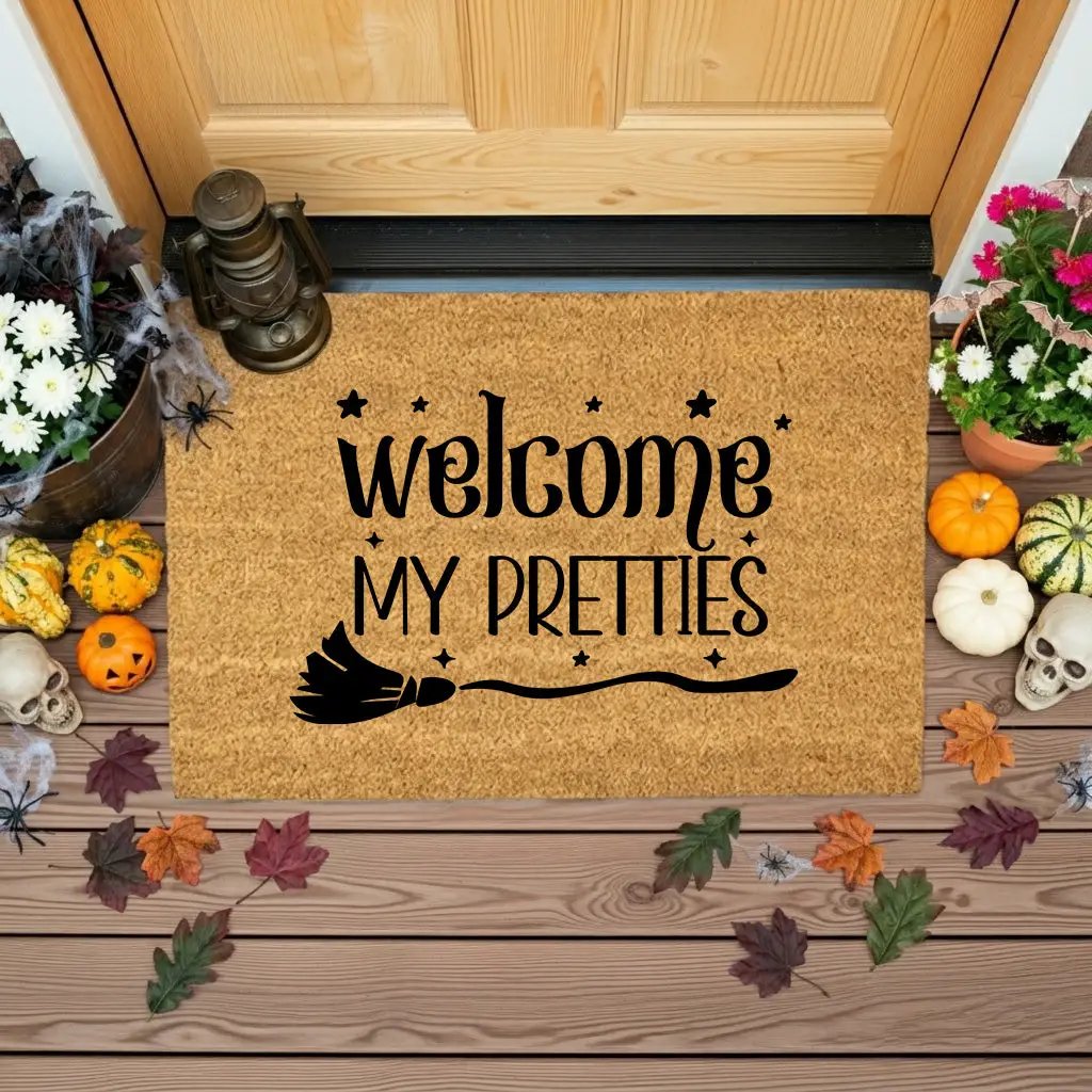 Welcome My Pretties Coir Doormat – Witchy Halloween Welcome Mat | Funny Front Porch Decor | Rustic Fall Entryway Rug