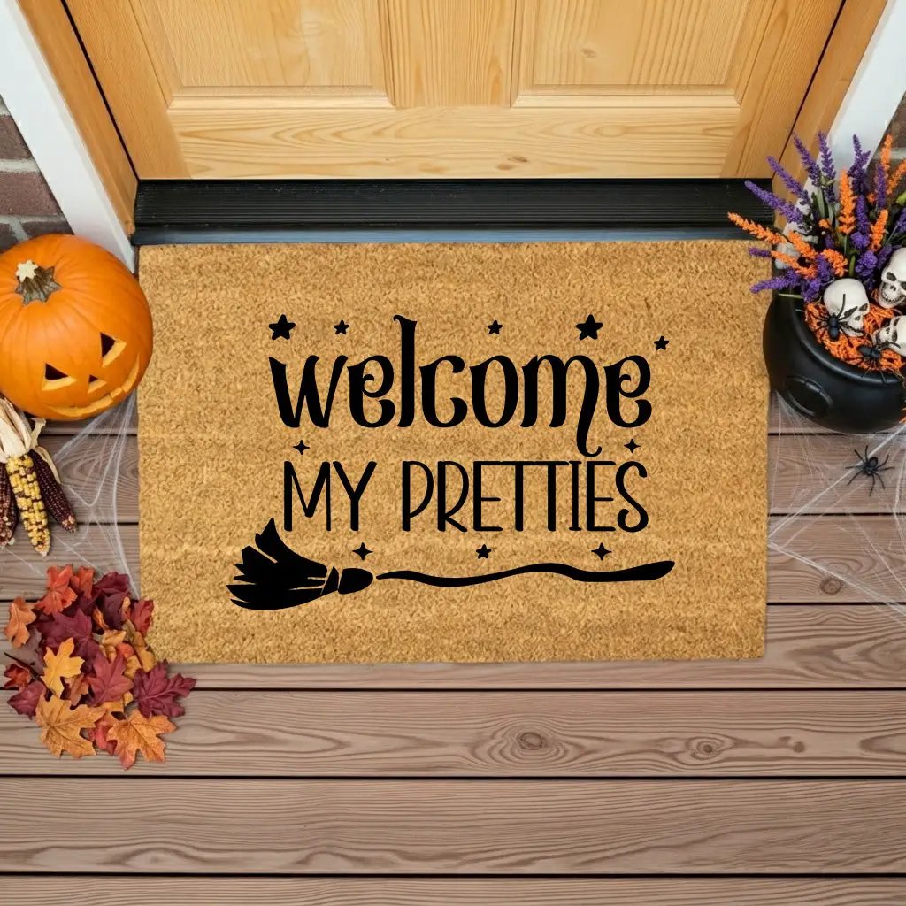 Welcome My Pretties Coir Doormat – Witchy Halloween Welcome Mat | Funny Front Porch Decor | Rustic Fall Entryway Rug
