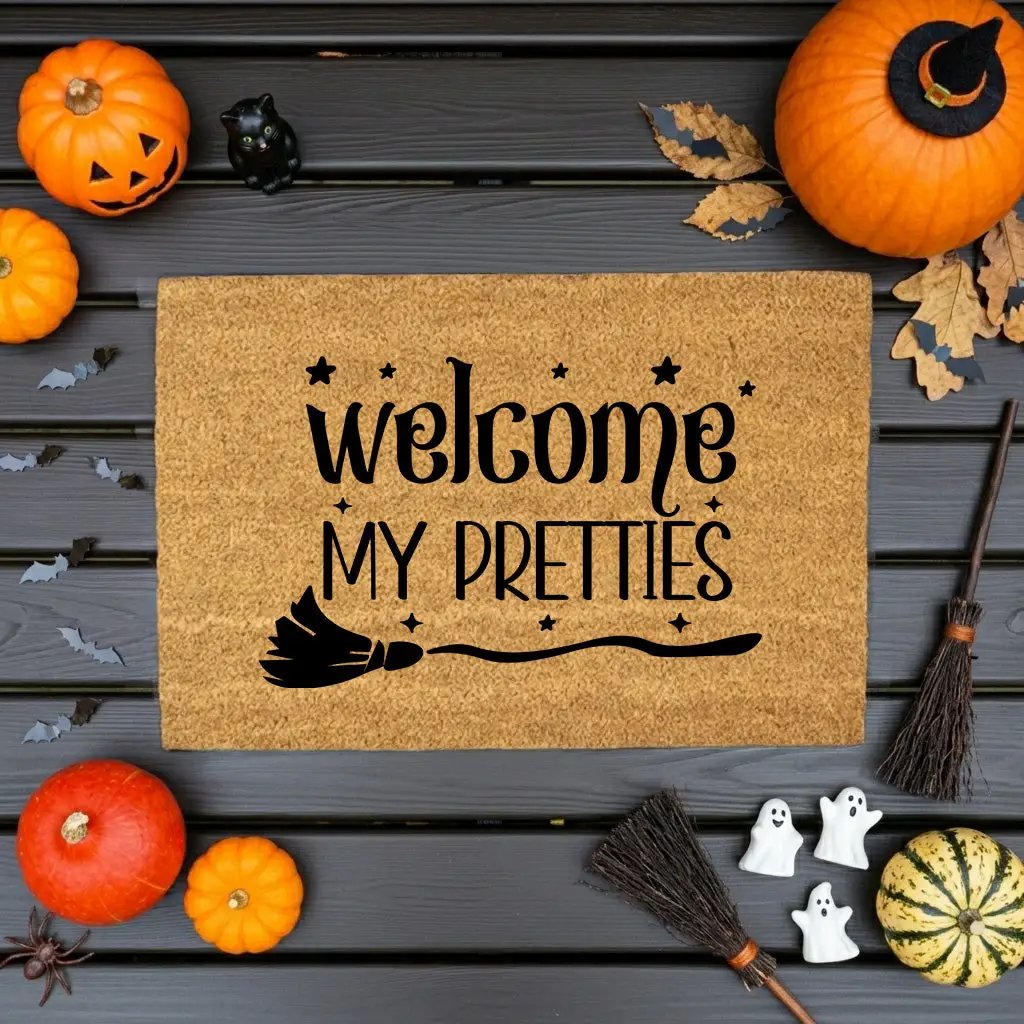 Welcome My Pretties Coir Doormat – Witchy Halloween Welcome Mat | Funny Front Porch Decor | Rustic Fall Entryway Rug