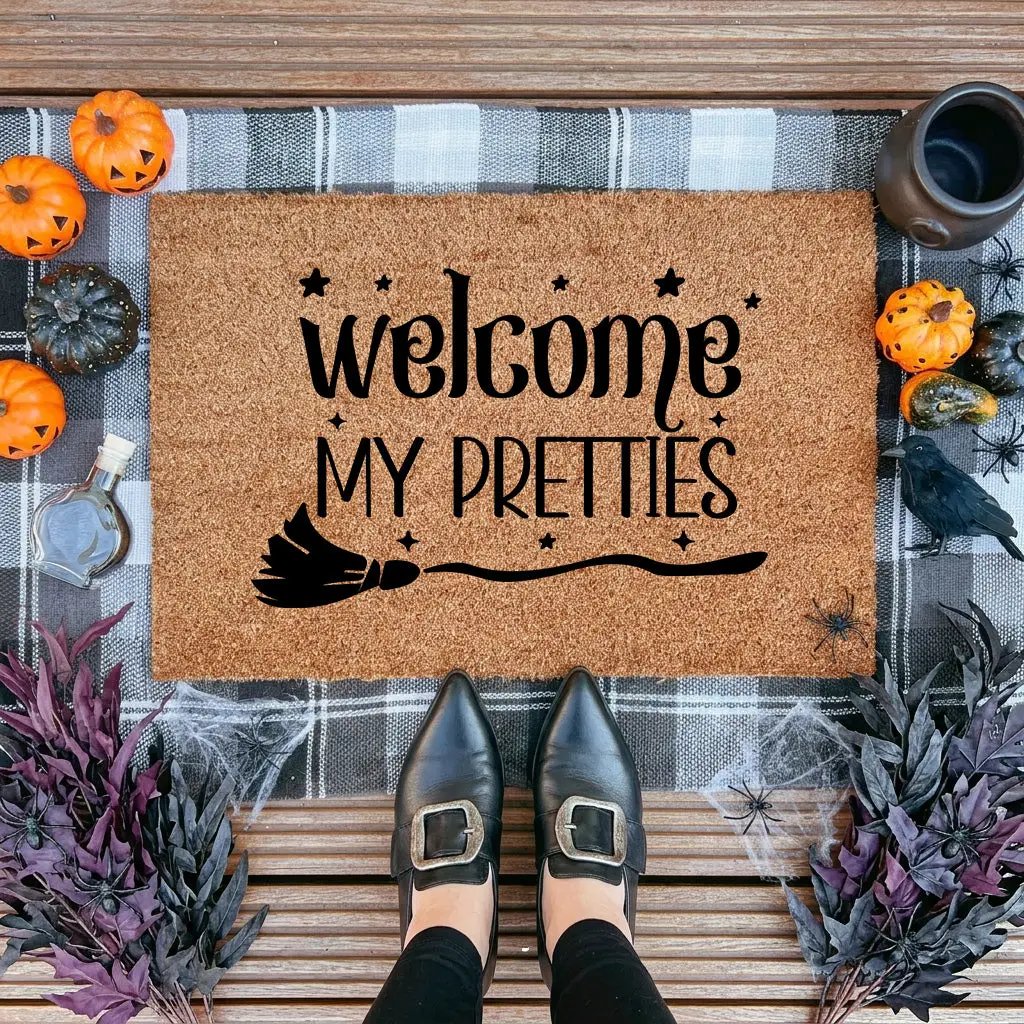 Welcome My Pretties Coir Doormat – Witchy Halloween Welcome Mat | Funny Front Porch Decor | Rustic Fall Entryway Rug