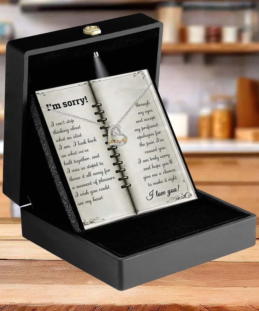 Apology Necklace for Girlfriend, Wife, or Soulmate – “I’m Sorry, What an Idiot” Love Dancing Heart Pendant with Message Card