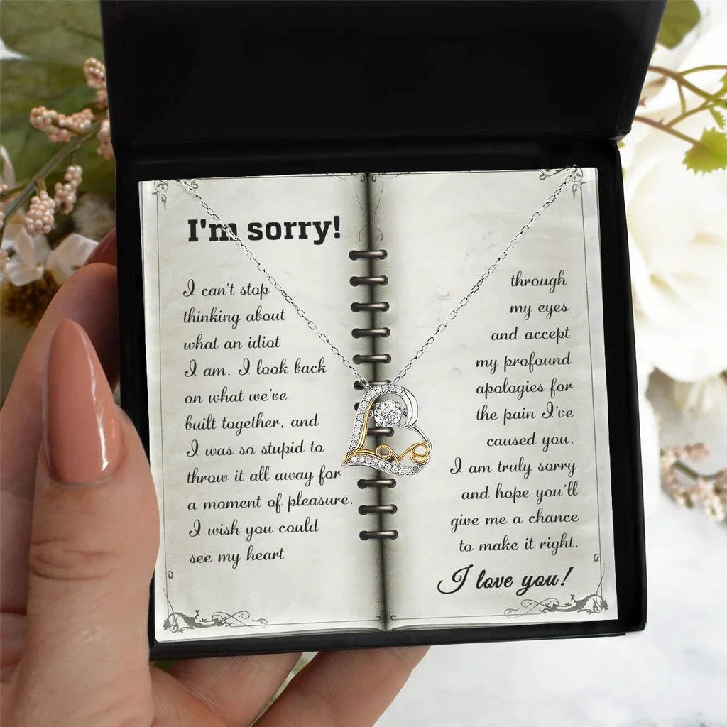 Apology Necklace for Girlfriend, Wife, or Soulmate – “I’m Sorry, What an Idiot” Love Dancing Heart Pendant with Message Card