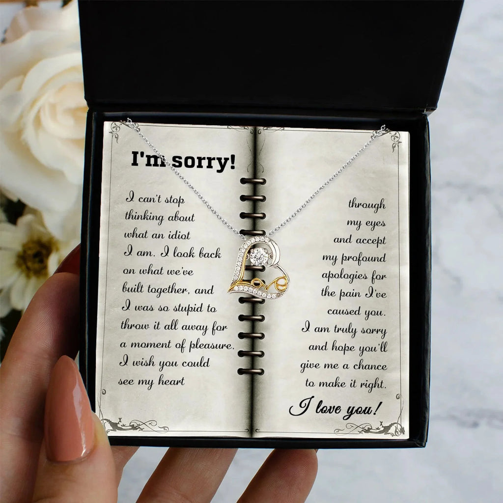 Apology Necklace for Girlfriend, Wife, or Soulmate – “I’m Sorry, What an Idiot” Love Dancing Heart Pendant with Message Card