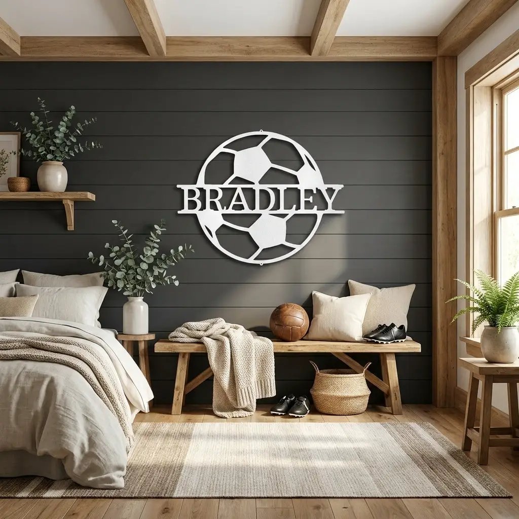 Personalized Soccer Ball Metal Wall Art – Custom Name Soccer Sign – Sports Decor for Kids Room, Soccer Player Gift, Indoor Outdoor Steel Sign