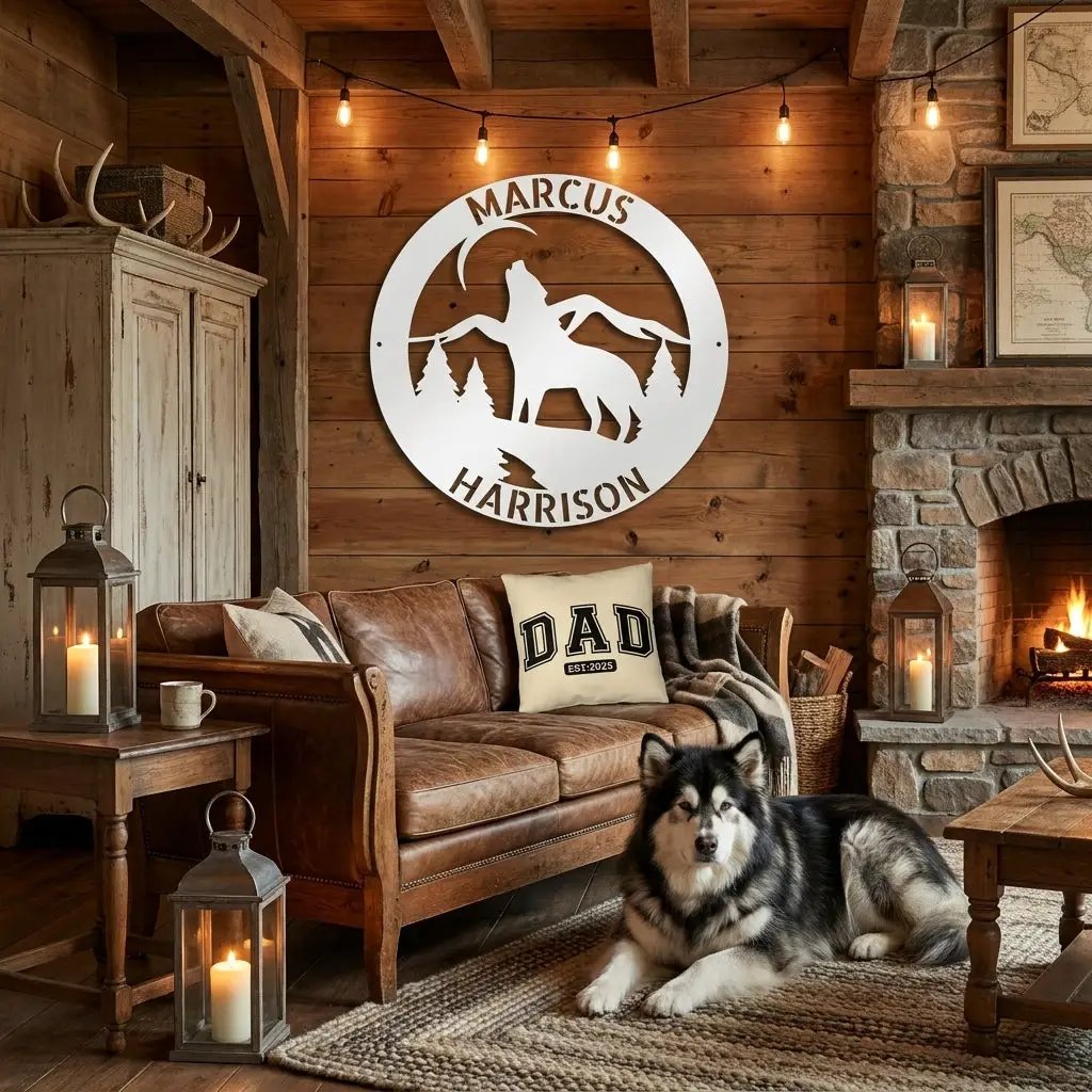 Personalized Howling Wolf Metal Wall Art Sign - Custom Name Laser Cut Decor for Home, Cabin, Lodge - Unique Rustic Wildlife Gift