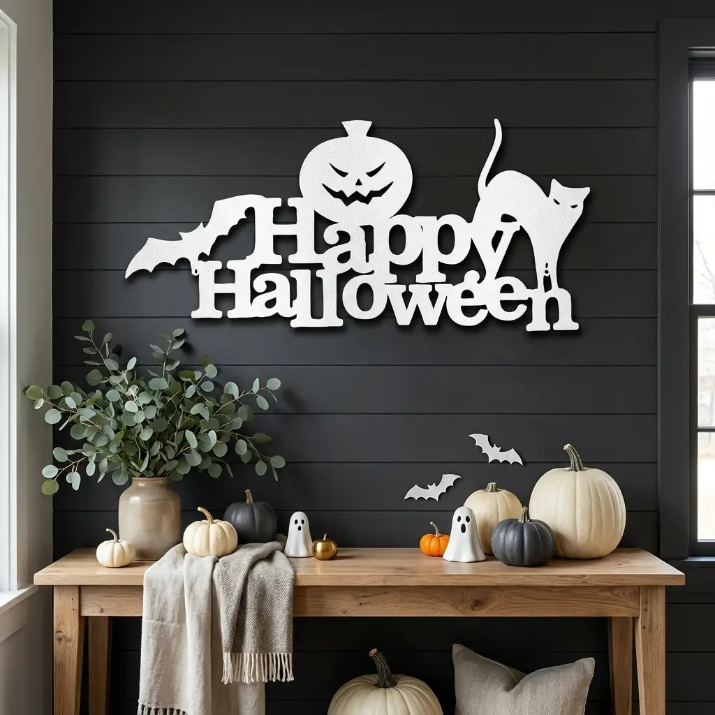 Happy Halloween Metal Wall Art Sign – Pumpkin Bat Cat Halloween Decor – Outdoor Powder Coated Steel Sign – Spooky Farmhouse Porch Decor