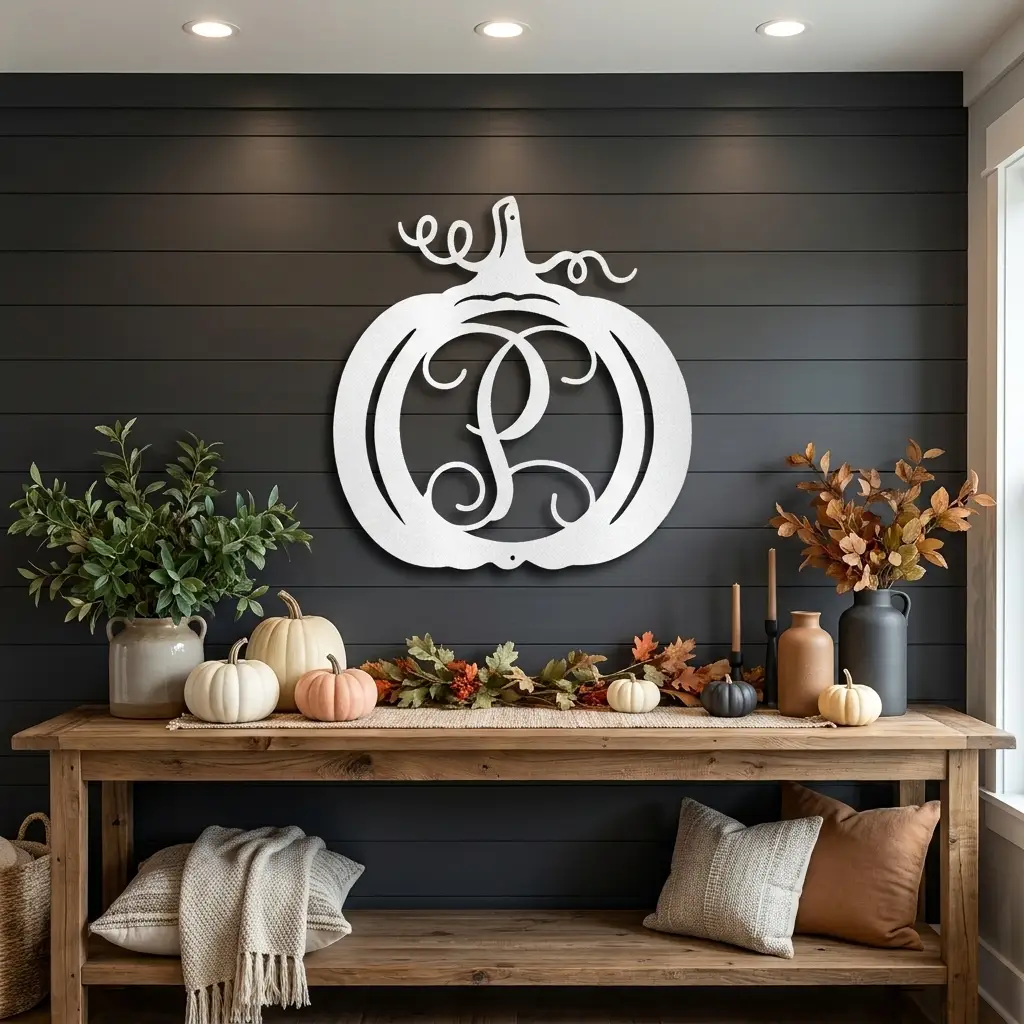 Pumpkin Custom Family Name Initial Monogram Indoor Outdoor Steel Wall Sign