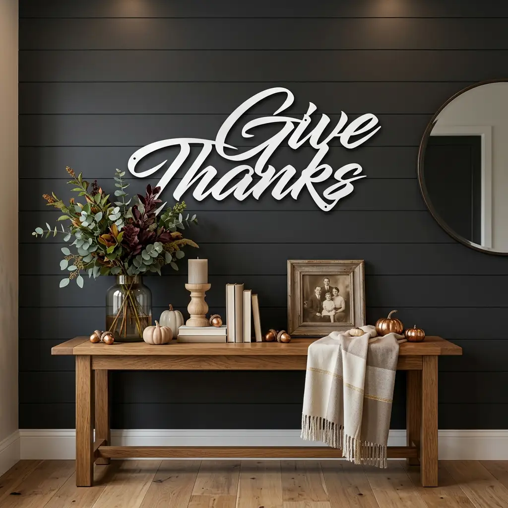 Give Thanks Metal Sign, Farmhouse Wall Decor, Thanksgiving Decor, Script Wall Art, Fall Home Decor, Gratitude Sign
